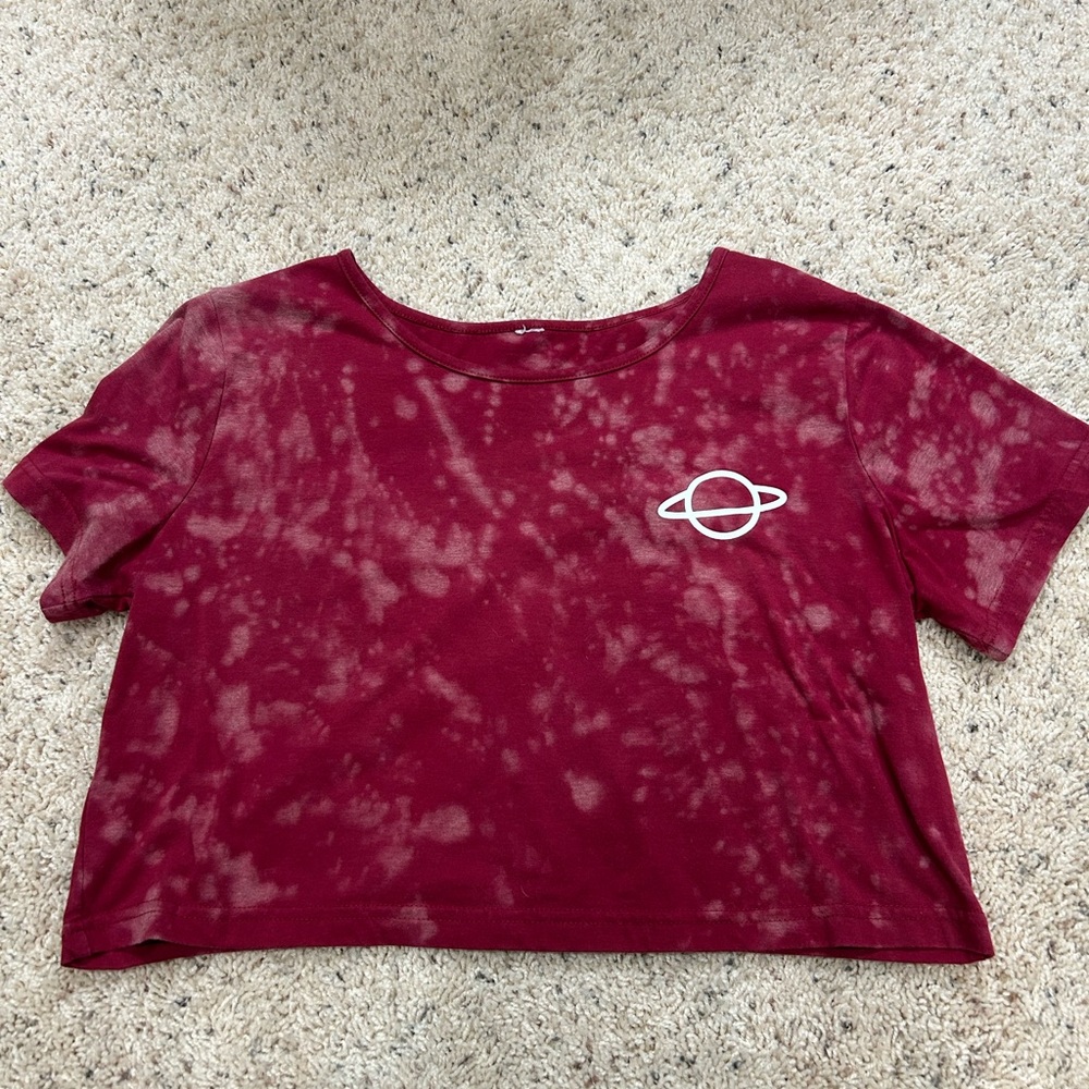 Burgundy Bleach Dyed Saturn Graphic Crop Top Tee size S